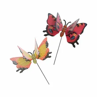 Decoris 2x Stuks Metalen Deco Vlinders Rood En Geel Van 11 X 70 Cm Op Tuinstekers - Dieren Decoratie Tuin Beeldjes/beelden