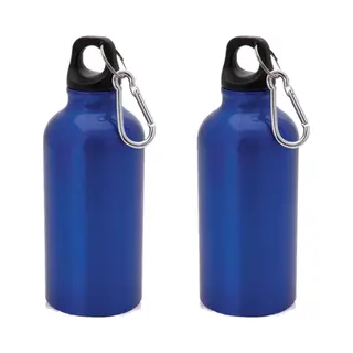 Bellatio Design 2x Stuks Aluminium Waterfles/drinkfles Blauw Met Schroefdop En Karabijnhaak 400 Ml - Sportfles - Bidon