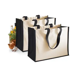 Jute Katoenen Boodschappentas - 2x - Zwart/natural - 44 X 33 X 19 Cm - 20 Liter - Draagtas - Hengsels