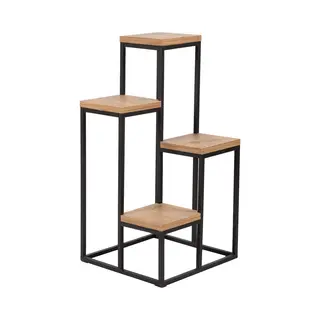 Wdmt Industriële Plantentafel Met Houten Etagères – 34 X 34 X 67 Cm – 4-Lagen Metalen Plantenrek Voor Binnen & Buiten – Vierkante Plantenstandaard