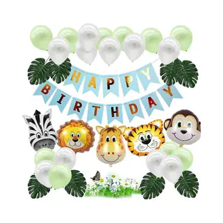 Jungle Decoratie Verjaardag Versiering Pakket - Gratis Verzending - Babydouche Safari Blauw Groen - Met Dieren Ballonnen En Happy Birthday Slinger