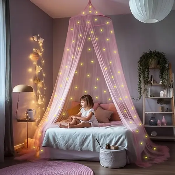 Ub-Store Pink Canopy For Girls Bed With Pre-Glued Glow In The Dark Stars - Princess Mosquito Net Room Decor - Kids & Baby Bedroom Tent With Galaxy Lights - 1 thumbnail
