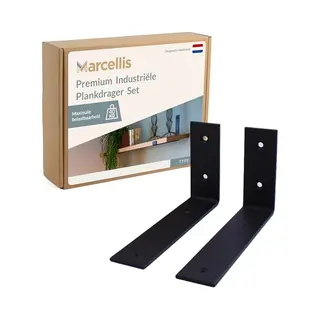 Marcellis - 2x Industriële Plankdrager - Voor Plank 20 Tot 25cm + Schroefset - Mat Zwart - Staal-T5