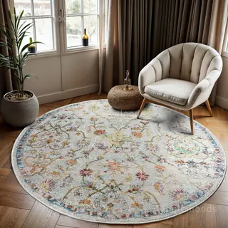 Muratap Picasso Sarough Vintage Rond Vloerkleed Creme / Beige Laagpolig- 240 Cm Ø