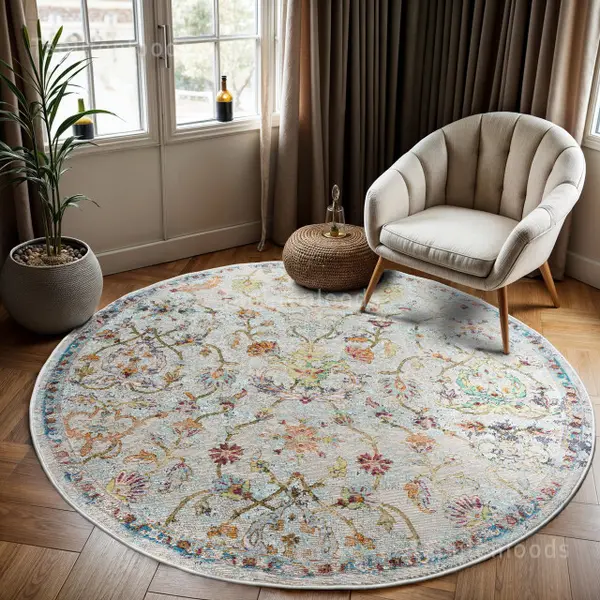 Muratap Picasso Sarough Vintage Rond Vloerkleed Creme / Beige Laagpolig- 240 Cm Ø thumbnail