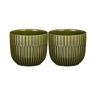 Mica Decorations - 2x - Plantenpot/bloempot - Keramiek - Groen - Stripes Patroon - D11 X H9 Cm