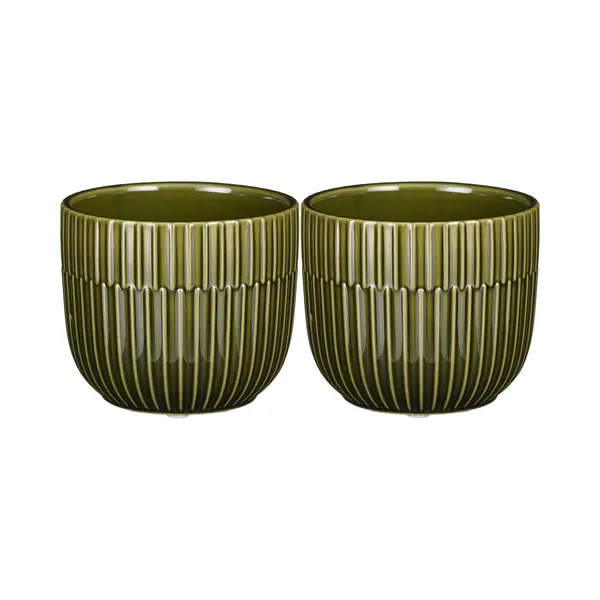 Mica Decorations - 2x - Plantenpot/bloempot - Keramiek - Groen - Stripes Patroon - D11 X H9 Cm thumbnail