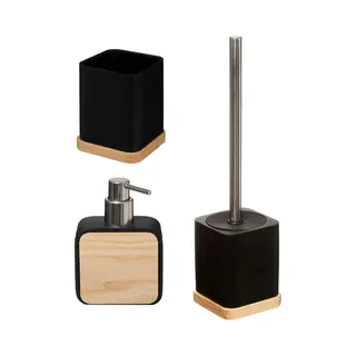 5five Badkamer/toilet Accessoires Set 3-delig - Zwart - Bamboe - Wc-borstel/tandenborstelhouder/zeeppompje