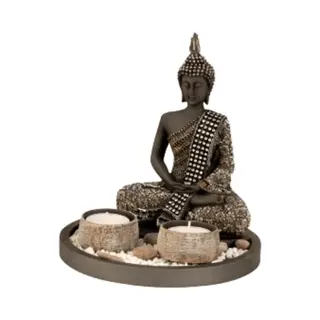 Boeddha Beeldje Met 2 Kaarshouders Op Schaal - Kunststeen - Goud/zwart - 18 X 21 Cm - Deco Artikel
