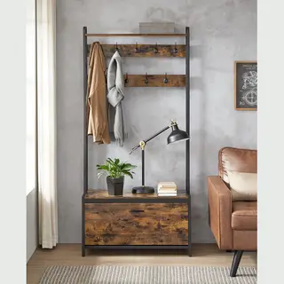 Vasagle Kapstok Met Schoenenkast - Kapstok Met Bank - Kledingrek - Schoenenrek - 9 Haken - Bovenste Plank - Voor Hal - Slaapkamer - Industrieel Design