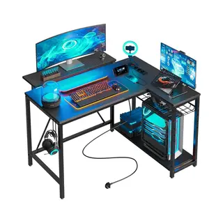 Five Stars® L-Vormig Game Bureau - 107x80x76 Cm - Rgb Led Verlichting - Zwart Carbon