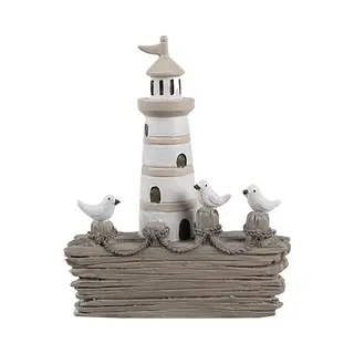 Clayre & Eef Decoratie Beeld Vuurtoren 10x4x12 Cm Wit Bruin Kunststof