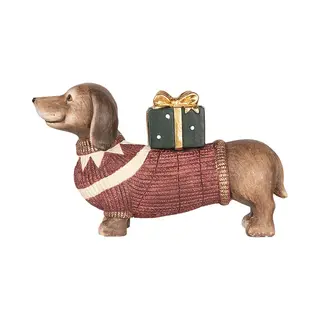 Clayre & Eef Kerstdecoratie Beeld Hond Teckel 47x14x28 Cm Bruin Rood Keramisch Materiaal
