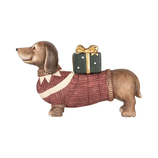 Clayre & Eef Kerstdecoratie Beeld Hond Teckel 47x14x28 Cm Bruin Rood Keramisch Materiaal thumbnail
