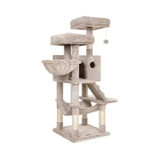 Mazazu Krabpaal - Kattenhuis - Kattenboom - Katten - Taupe - Beige - Met Hangmat, Ligmand & Loopbrug - Zacht Pluche 49x49x135