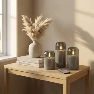 Omniexa Luxe Led Kaarsen Set (3 Stuks) - Smoked Grey / Rookglas - 3D Vlam - Met Afstandsbediening & Timer - Industrieel Design