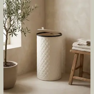 Mazazu Luxe Wasmand Rond - 99 Liter - Diamond Stitch - Crème Wit - Beige - Met Deksel & Uitneembare Waszak - Hoog & Smal Design - 38 X 69 Cm