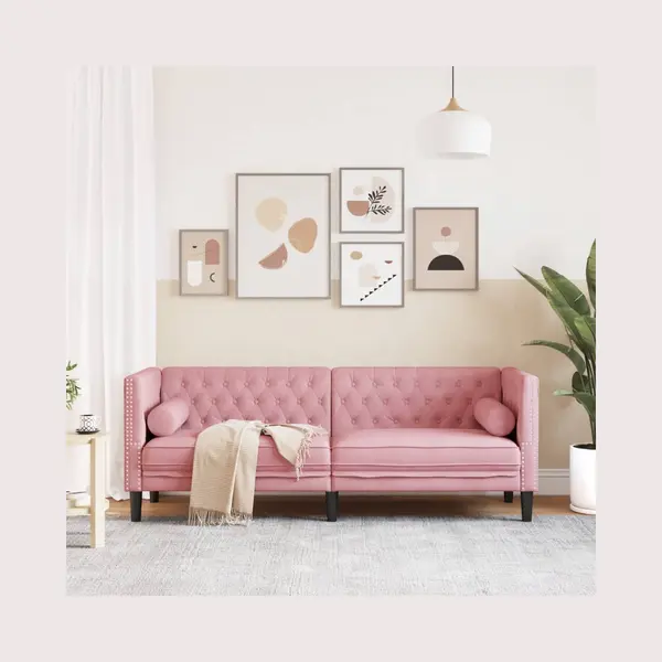 VidaXL Driezitsbank Chesterfield-stijl Met Bolsters Fluweel Roze thumbnail