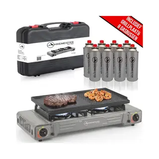 Hikemeister® Dubbel Camping Kooktoestel 2 Pits – 2x 2.2 Kw – Inclusief 8 Gasbussen & Grillplaat – Draagbaar Gasstel – Butaangas Kookplaat –