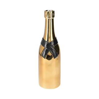 H&S Collection Hs Collection Bloemenvaas Champagne Fles - Keramiek - Zwart/goud - 11 X 39 Cm - Feestelijke Vaas