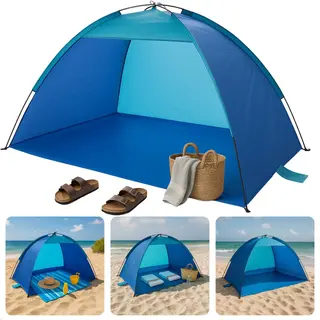 Cheqo® Strandtent Uv Bescherming - Strand Tent - Blauwe Tent Voor Strand - Polyester & Fiberglas - Opvouwbaar