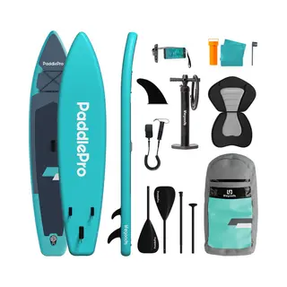 LifeGoods PaddlePro Touring Sup Board - Opblaasbaar - 165 Kg Draagkracht - 365 X 76 Cm - Inclusief Zitje - Turquoise