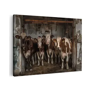 Artaza Canvas Schilderij Groep Koeien In Een Schuur - Dieren - 120x80 Cm - Groot - Wanddecoratie Woonkamer - Schilderijen - Muurdecoratie