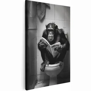 Artaza Canvas Schilderij Chimpansee Op Een Toilet Met Krant - Dieren - 60x90 Cm - Wanddecoratie Woonkamer - Schilderijen - Muurdecoratie
