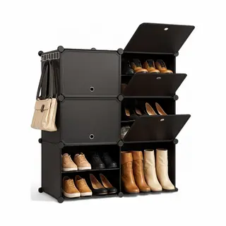 Goliving Opvouwbare Opbergkast - 24 Paar - 92 X 82 Cm - Schoenenkast - Schoenenrek Met Deuren - Schoenenbank - Zwart