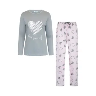 Gaubert Essential Dames Pyjama Lange Mouw - Broek Met Zakken - Premium Gekamd Katoen - Love Yourself - Grijs - Maat L - Gb-2801