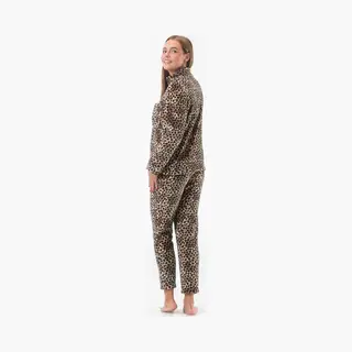 Gaubert Dames Fleece Huispak En Pyjama - Hoge Kraag Met Knopen - Full Panterprint - Superzacht Fleece - Beige - 2506 - Maat M