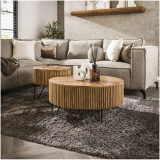 Meubelplaats Salontafel Wave Set Van 2 Rond Mangohout - Zandkleur