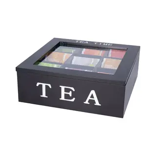 Bellatio Design Theedoos - Zwart - 9 Vaks - Tea Time - Hout - L23 X H8 Cm - Theebox