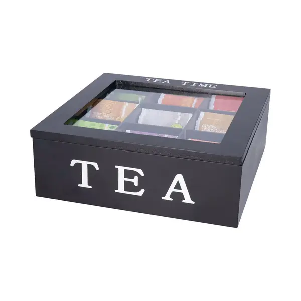 Bellatio Design Theedoos - Zwart - 9 Vaks - Tea Time - Hout - L23 X H8 Cm - Theebox thumbnail