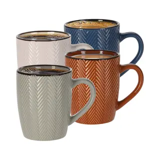 Siaki Koffiemok/theemok Fishbone - 4x Stuks - Met Oor - 370 Ml - Keramiek