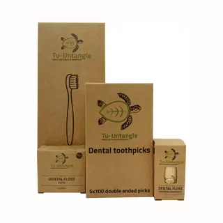 Tu-Untangle Eco Dental Care Set | 5 Bamboo Toothbrushes, 500 Toothpicks & Bamboo Floss Dispenser With 150m Natural Dental Floss