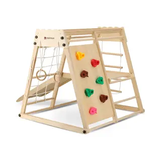Deryan Klettergerüst Für Kinder - Indoor Spielplatz Mit Rutsche, Kletterwand, Kletternetz & Turnringe - Holz Kletterturm Klappbar - Natur