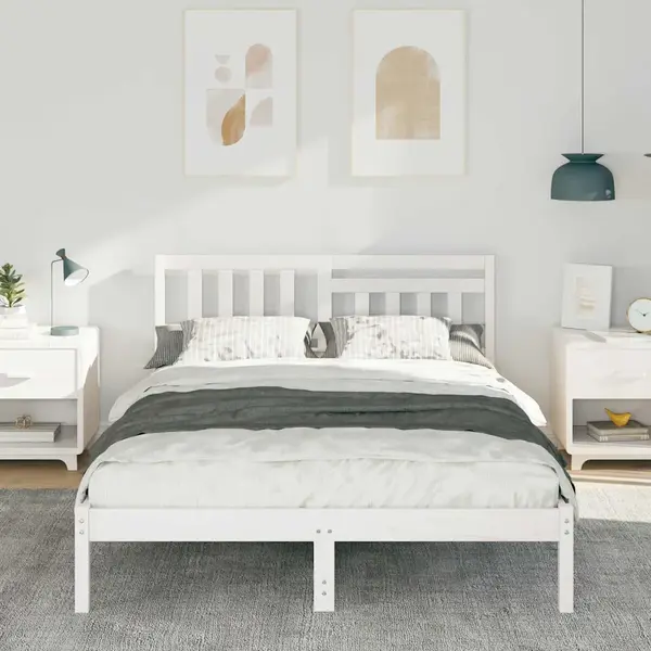 Bed Frame With Headboard White 140 X 190 Cm Solid Pine Wood Vidaxl thumbnail