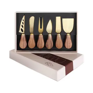 Zylaro Premium Kaasmessen Set 6-Delige - Kaasmesjes Roestvrijstaal - Acaciahouten Handvat - Goud