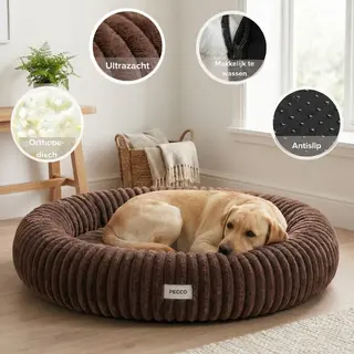 Pecco Orthopedische Hondenmand - Ronde Donutmand - Diameter 100 Cm - Bruin Rib