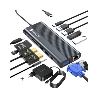Siltcon® 13 In 1 Usb C Hub - Docking Station Laptop - 2x Hdmi 4K – 1x Vga – RJ45 Gigabit - 4x Usb-A - 2x Usb-C - Tf - Incl. 100W Usb-C Oplader 15