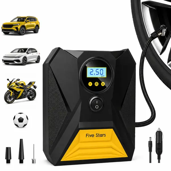 Five Stars® Compressor Bandenpomp - 12V - Draagbare Luchtcompressor - Elektrische Pomp - Voor Auto, Fiets, Motor En Bal thumbnail