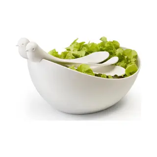 Qualy - Slabak Met Vogeltjes Bestek - Sparrow Salad Bowl & Cutlery - Wit
