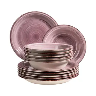 MÄSer 931951 Bel Tempo Ii, Teller-Set Für 6 Personen Im Modernen Vintage Look, 12-teiliges Tafelservice, Handbemalt Im Lila Farbton Berry, Steingut