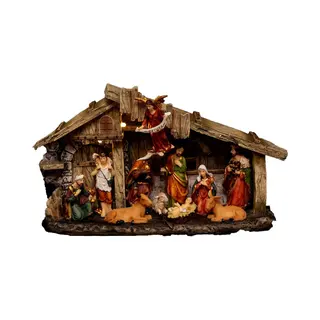 Feeric Lights & Christmas - Verlichte Kerststal Met Santons, 11 Harssantons, Hoogte 18 Cm