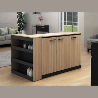Vente-unique Set Zentrale Kücheninsel + 2 Hocker - Schwarz & Holzfarben Hell - Nusice