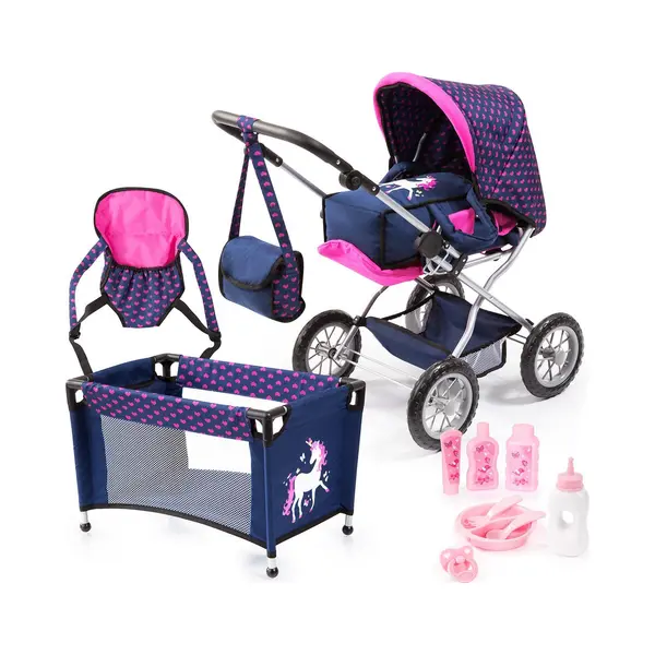Bayer Design - Combi Poppenwagen Grande Mega Set - Duwstang Verstelbaar 46-75 Cm - Blauw Met Eenhoorn thumbnail