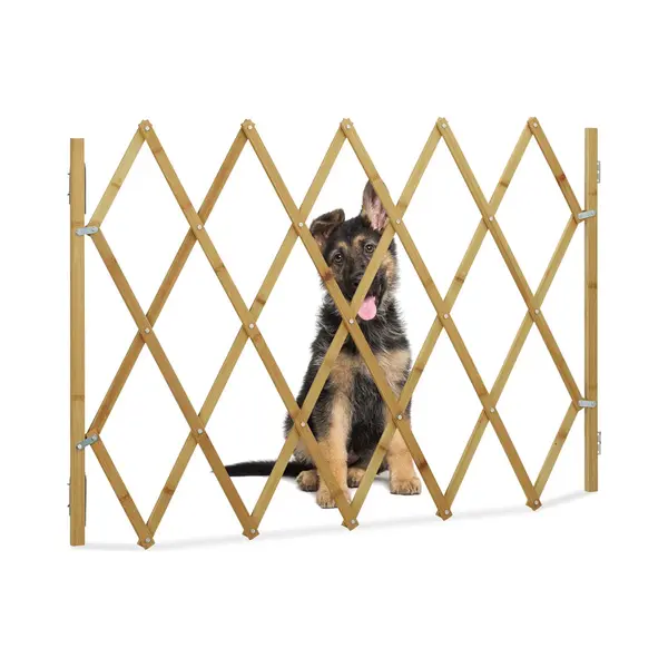 Relaxdays - Hundeabsperrgitter, Schutzgitter Für Tür & Treppe, Scherengitter Ausziehbar Bis 116, 5 Cm, 82, 5 Cm Hoch, Natur thumbnail