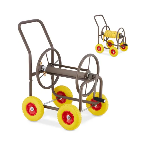 Relaxdays Hose Trolley, Up To 60 Meters, 4 Rubber Wheels, H X W X D, 83 X 50 X 80 Cm, Steel, Brown thumbnail