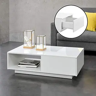 [en.casa] Stijlvolle, Elegante Woonkamersalontafel Met Lade En Opbergvak, 95 X 55 X 31 Cm, Melamine Spaanplaat, 15 Mm, Wit Glanzend